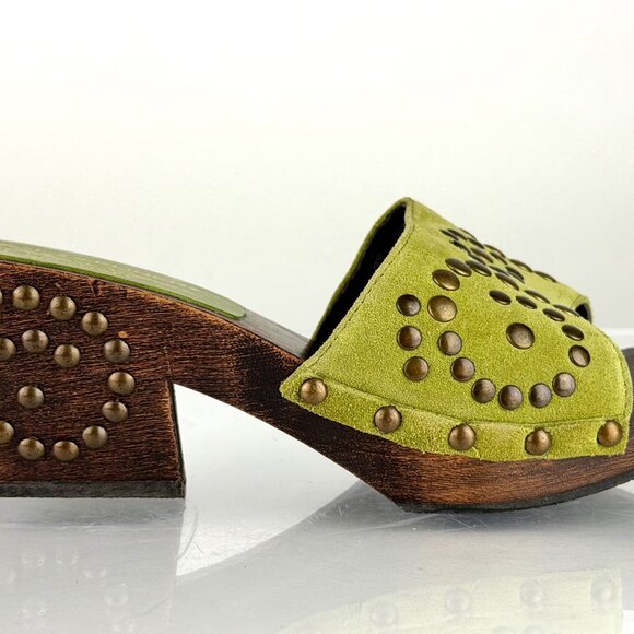 Donald J. Pliner Shoes - Wood Clogs Donald J Pliner Western Couture Green Suede Studded sz 5